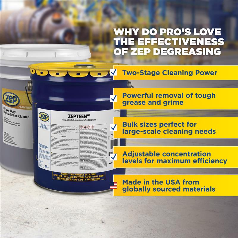 Zep Heavy-Duty High Alkaline Cleaner - Tough on Greasy Soils 5 Gallon with ZepTeen Ready-To-Use Self-Emulsifying Solvent Degreaser 5 Gallon Bundle