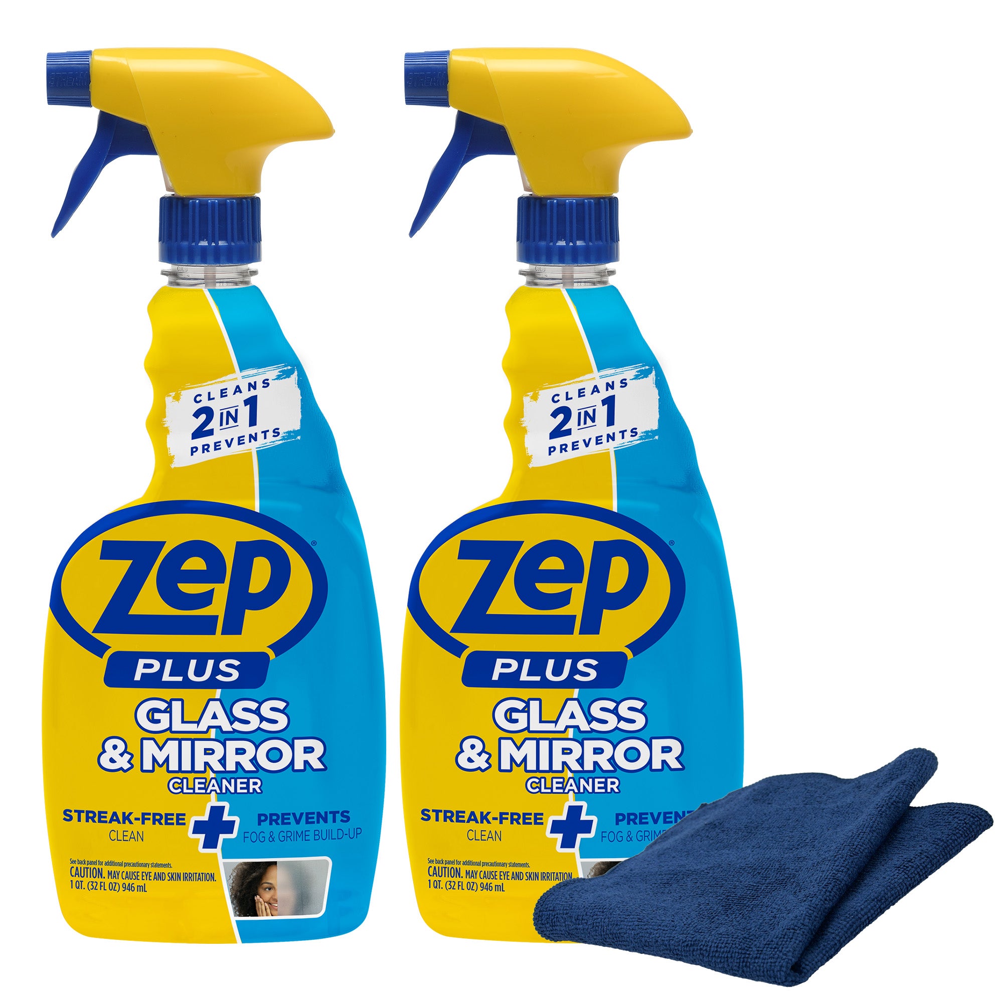 Zep Plus Glass & Mirror Foaming Cleaner 32 oz and Blue Microfiber
