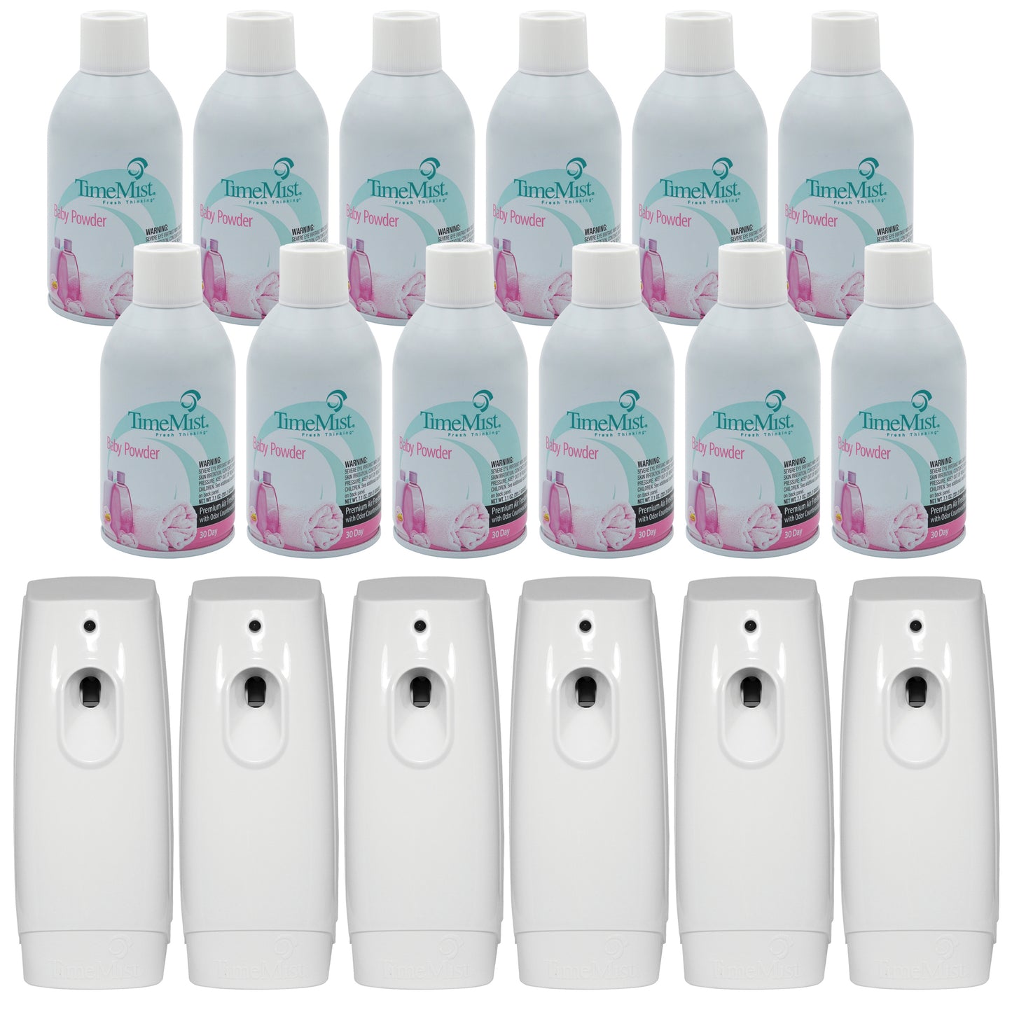 TimeMist Premium Metered Air Freshener Refills, Baby Powder (Case of 12) with TimeMist Metered Aerosol Fragrance Dispenser Bundle