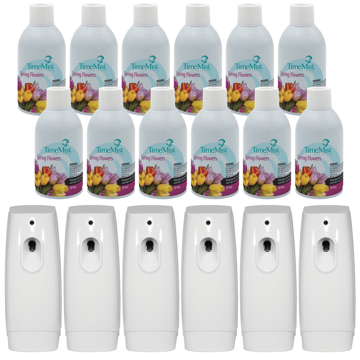 TimeMist Premium Metered Air Freshener Refills, Spring Flowers (Case of 12) with TimeMist Metered Aerosol Fragrance Dispenser Bundle