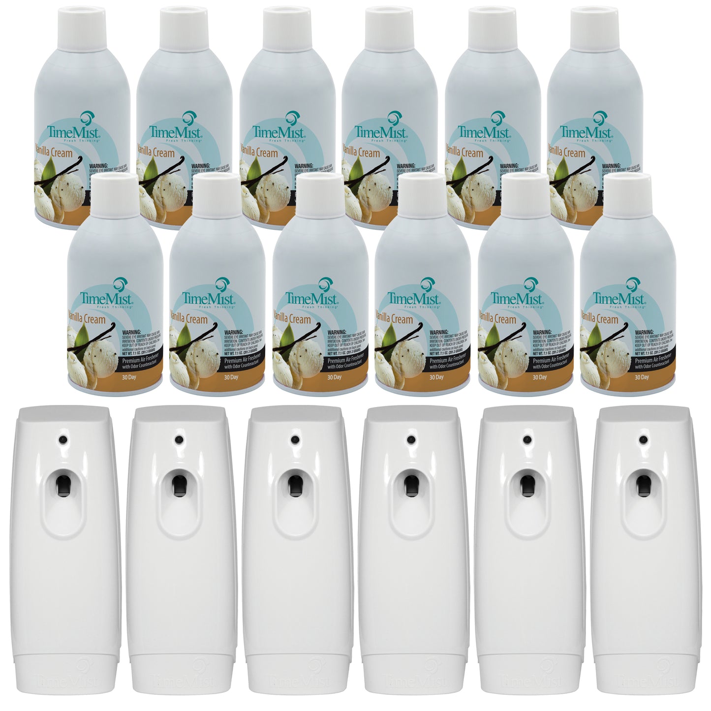 TimeMist Premium Metered Air Freshener Refills, Vanilla Cream (Case of 12) with TimeMist Metered Aerosol Fragrance Dispenser (Case of 6) Bundle