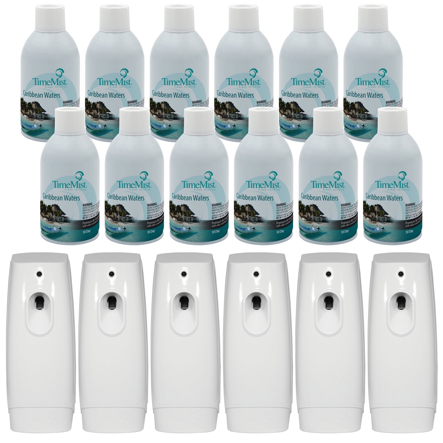 TimeMist Premium Metered Air Freshener Refills - Caribbean Waters (Case of 12) with TimeMist Metered Aerosol Fragrance Dispenser Bundle