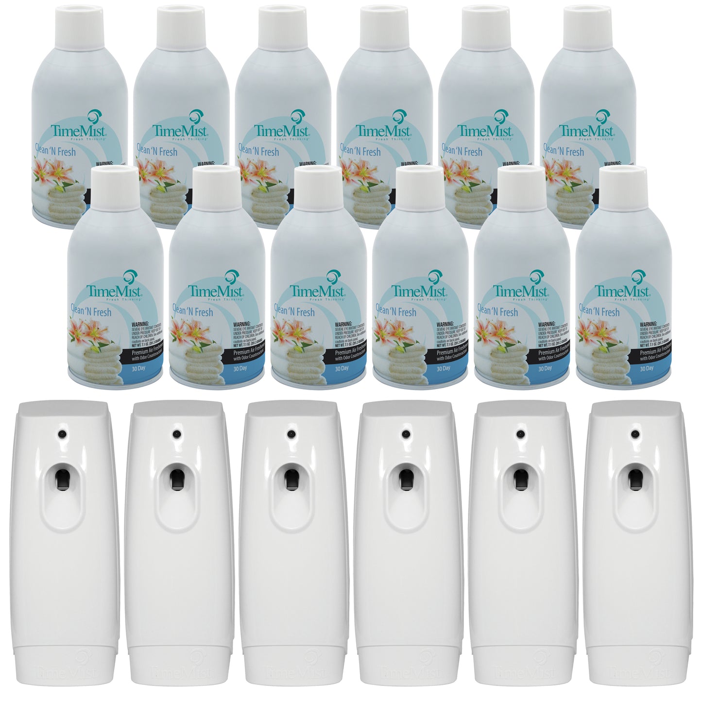 TimeMist Premium Metered Air Freshener Refills, Clean & Fresh (Case of 12) with TimeMist Metered Aerosol Fragrance Dispenser Bundle
