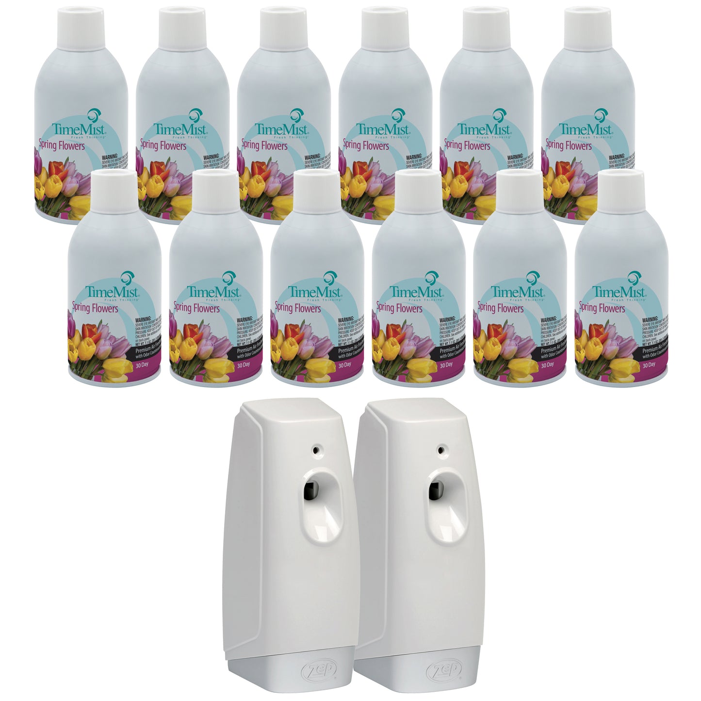 TimeMist Premium Metered Air Freshener Refills, Spring Flowers (Case of 12) with Meter Mist 3000 Ultra Dispenser (2 Pack) Bundle
