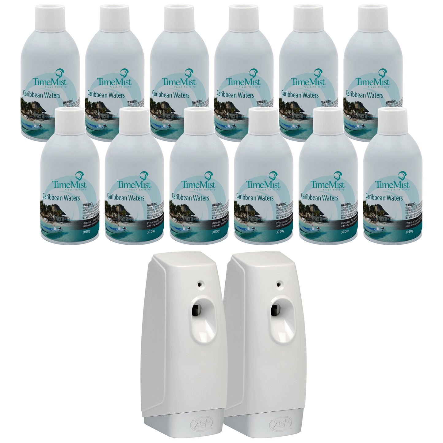 TimeMist Premium Metered Air Freshener Refills - Caribbean Waters (Case of 12) with Meter Mist 3000 Ultra Dispenser (2 Pack) Bundle