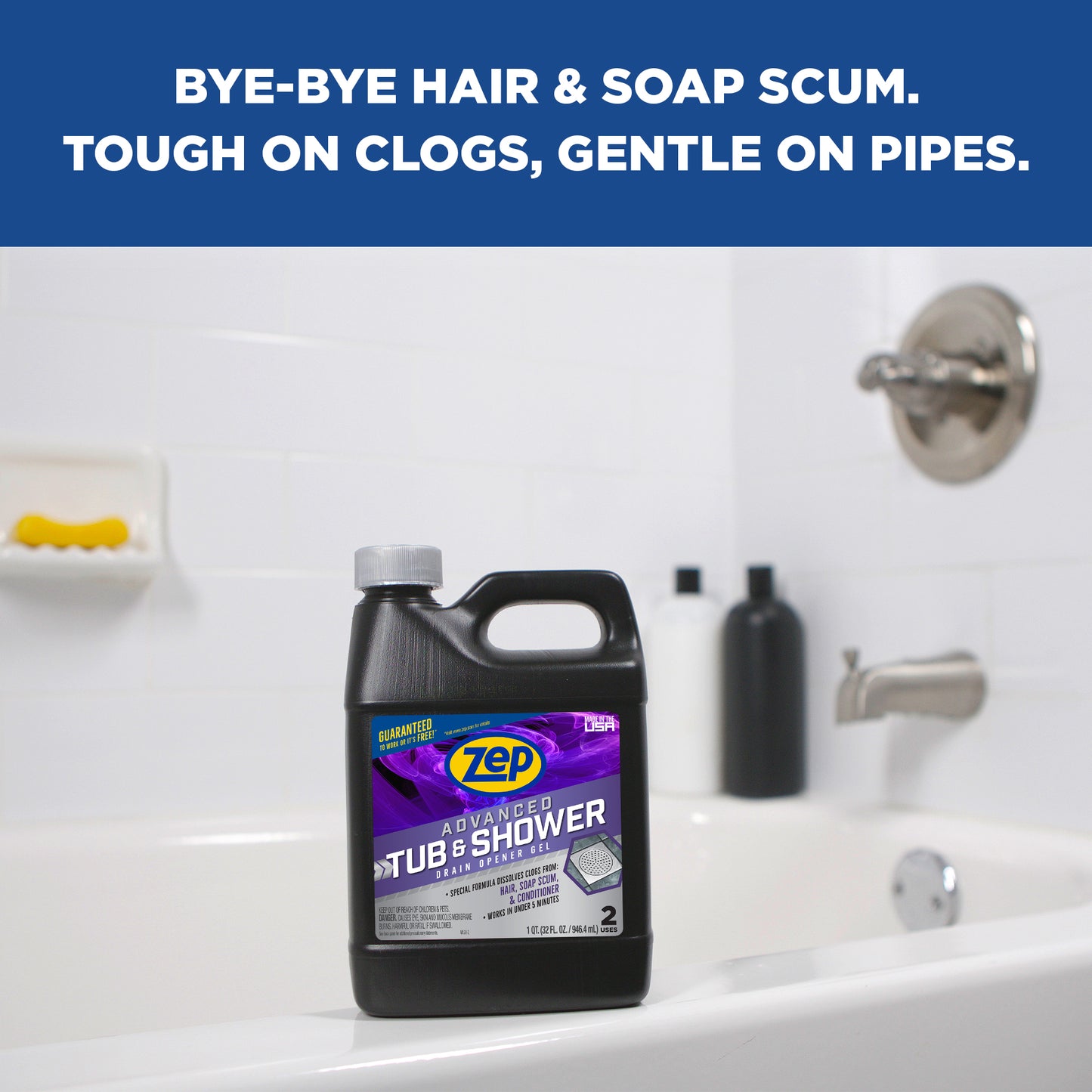 Zep Advanced Tub & Shower Drain Opener Gel – Dissolves Hair – 32 oz