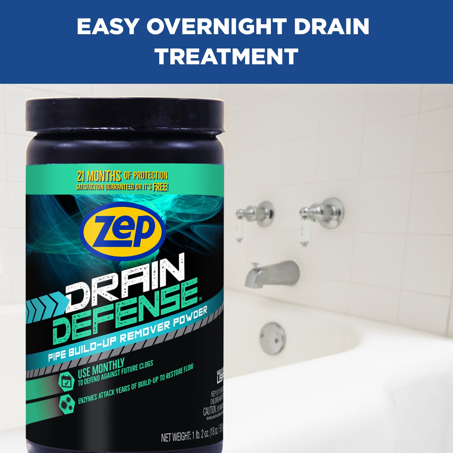 Zep Drain Defense - Pipe Build-Up Remover Powder - 18 oz