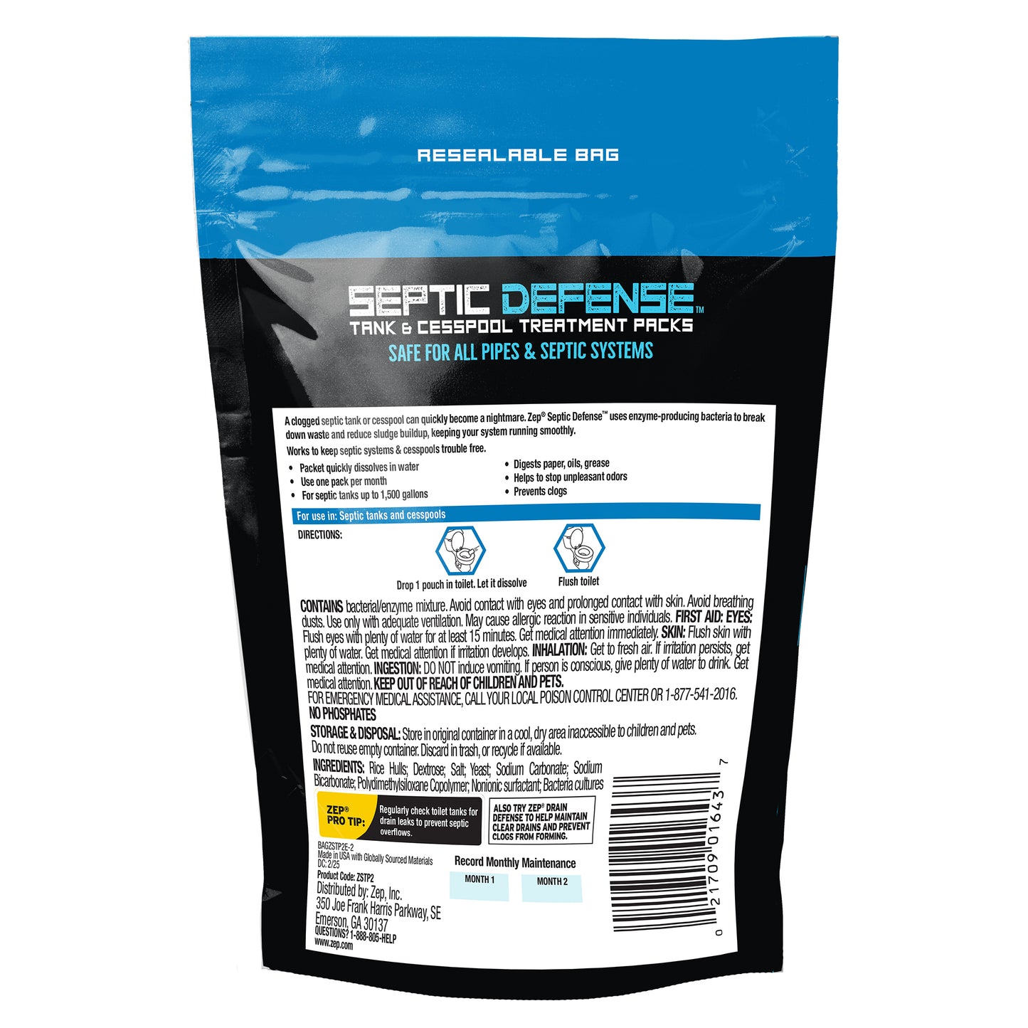 Zep Septic Defense Tank & Cesspool Treatment Packs - 36 Month Supply – 12 oz