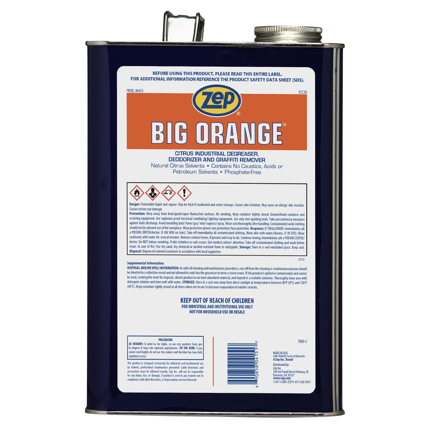 Big Orange Liquid Citrus Industrial Degreaser, Deodorizer & Graffiti Remover - 1 Gallon