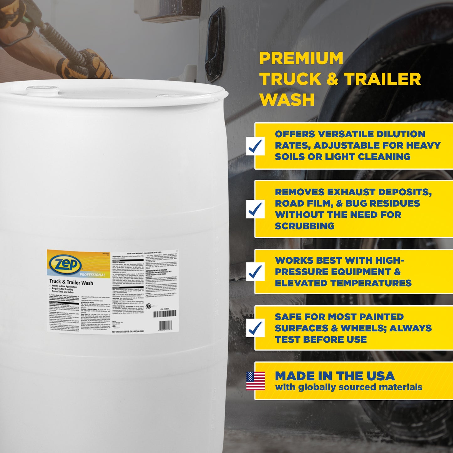 Zep Professional Truck & Trailer Wash – Remove Tough Road Grime – 55 Gallon with Zep Model 50 Polypropylene Piston Pump – Bundle
