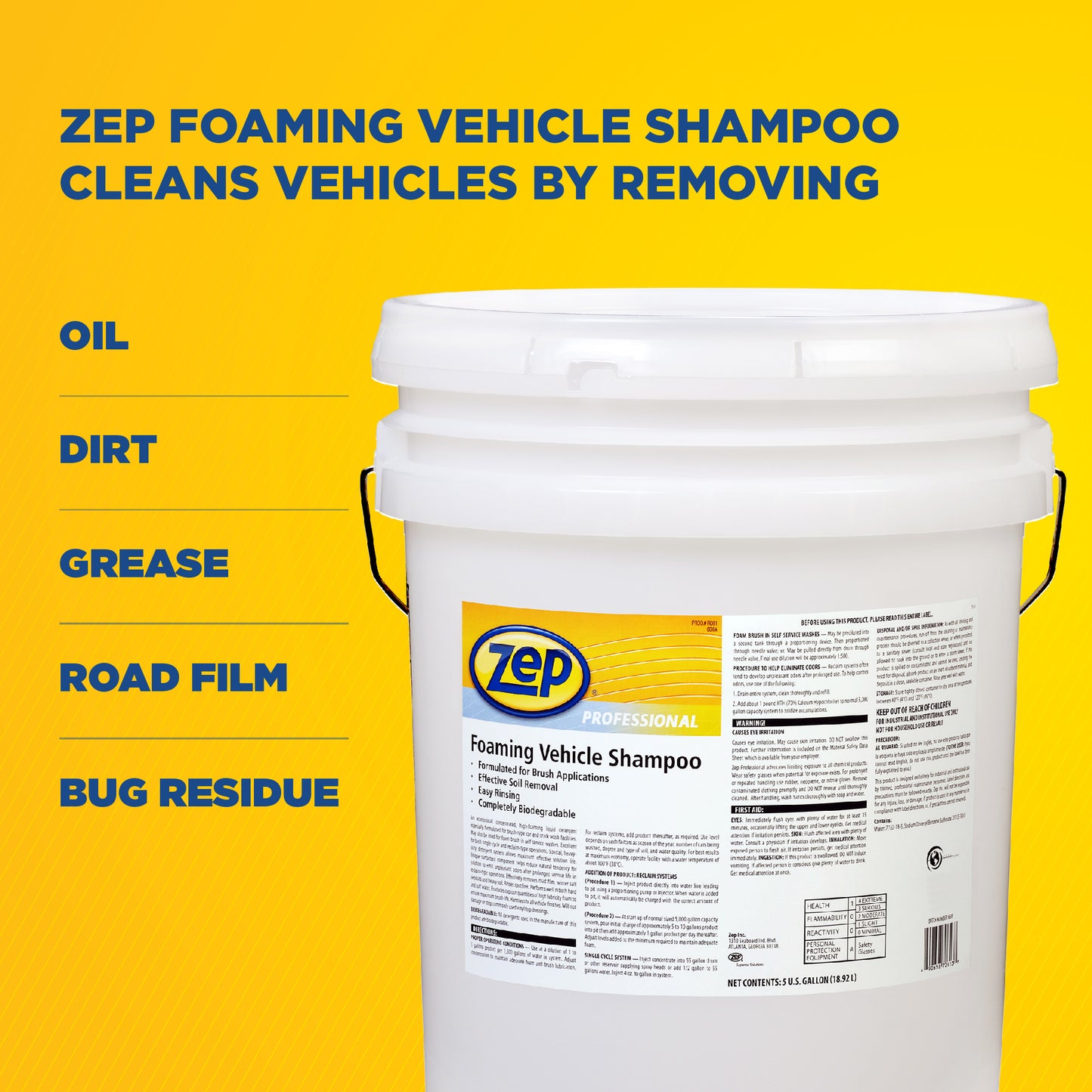 Zep Professional Foaming Vehicle Shampoo – Effective Soil Removal – 5 Gallon
