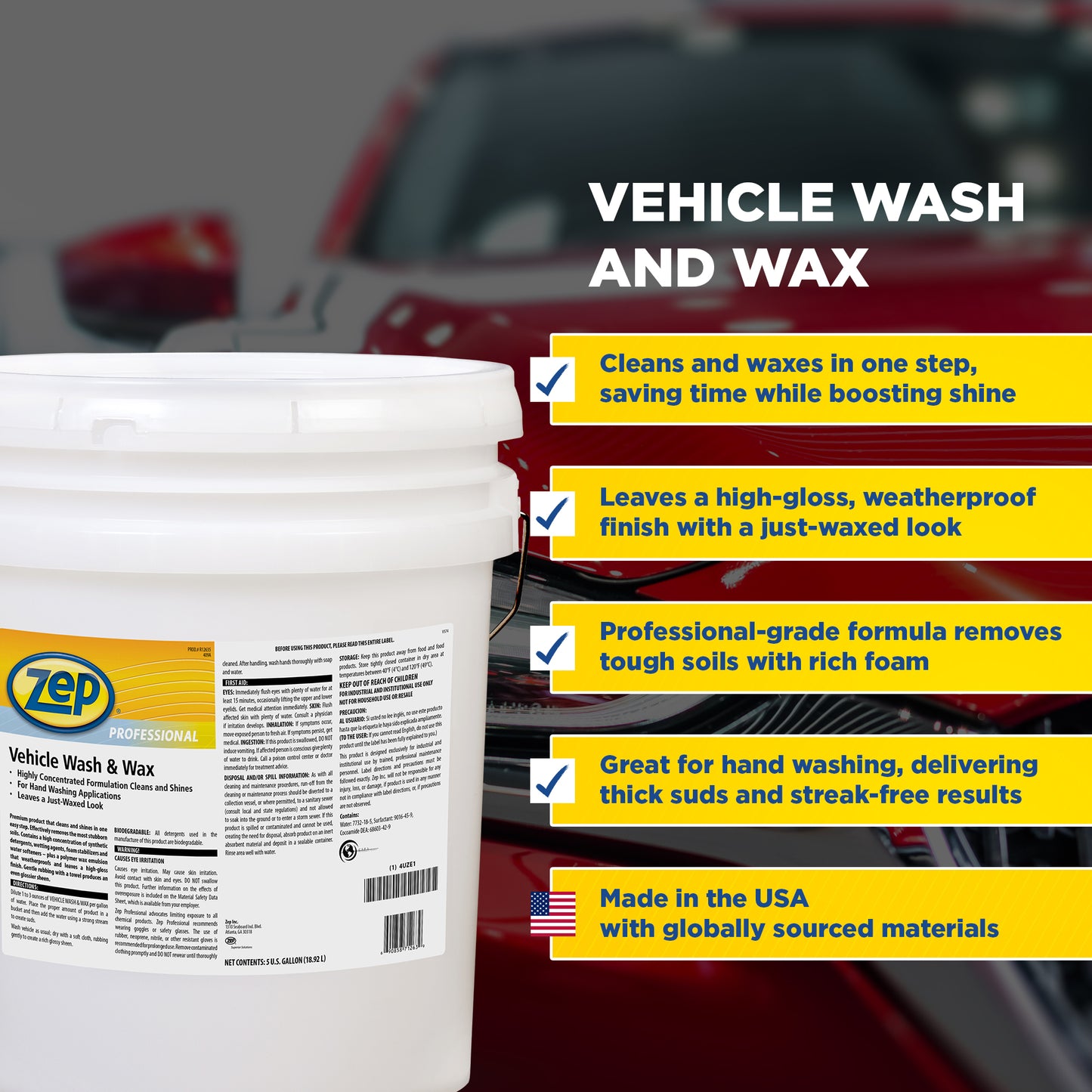 Zep Professional Vehicle Wash and Wax Concentrate – Premium Vehicle Care – 5 Gallons