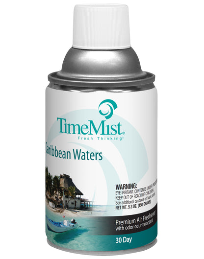 TimeMist Premium Metered Air Freshener Refills - Caribbean Waters (Case of 12) with TimeMist Metered Aerosol Fragrance Dispenser Bundle