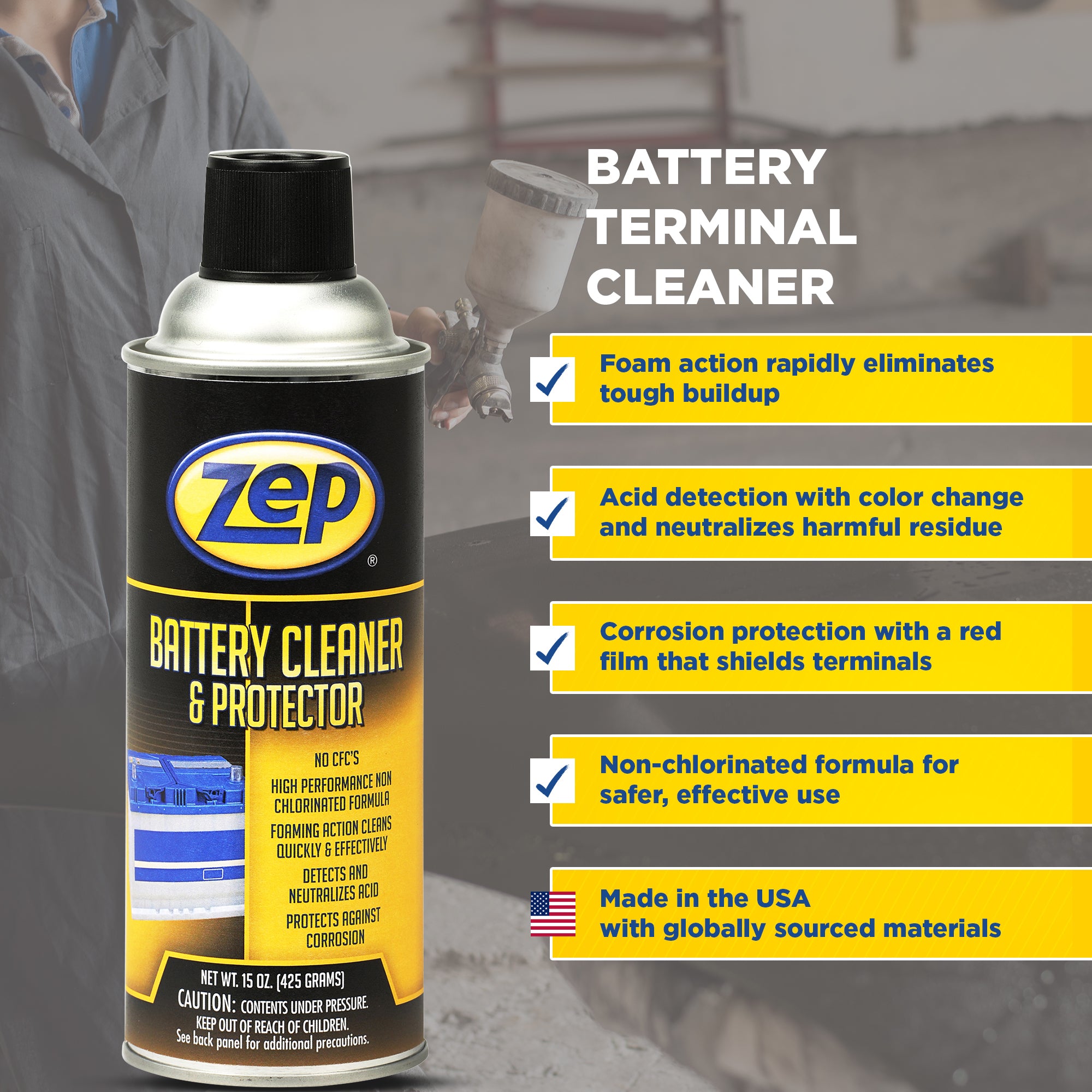 Zep Battery Cleaner & Protector – Detects & Neutralizes Acid – 15