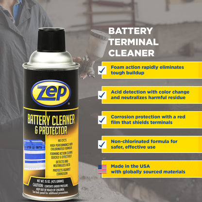 Zep Battery Cleaner & Protector – Detects & Neutralizes Acid – 15 oz