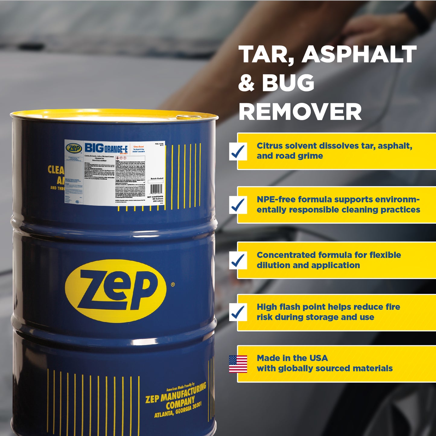 Zep Big Orange-E NPE Free Tar, Asphalt & Bug Remover Concentrate – Citrus Cleaner – 55 Gallon
