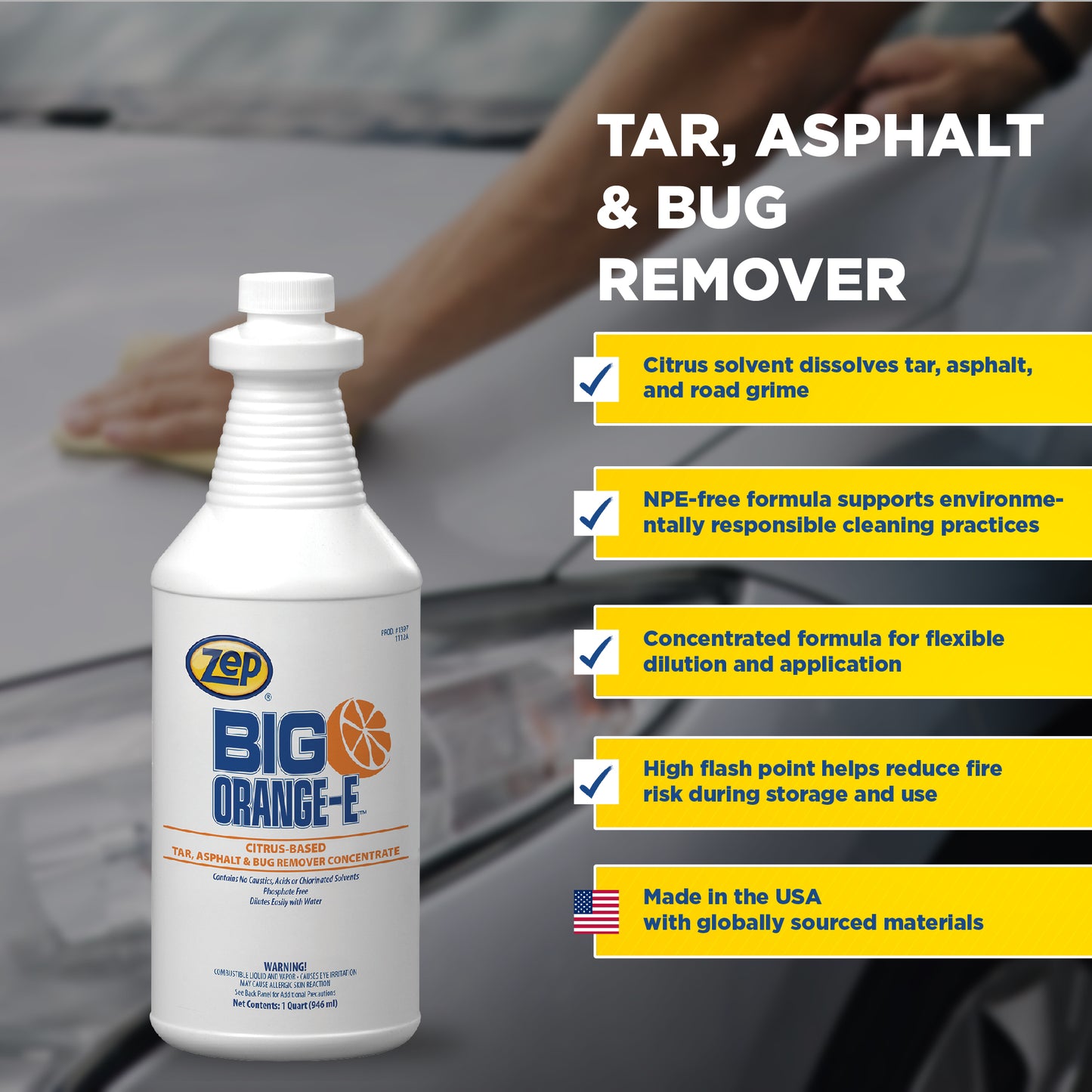 Zep Big Orange-E NPE Free Tar, Asphalt & Bug Remover Concentrate – Citrus Cleaner – 32 oz.
