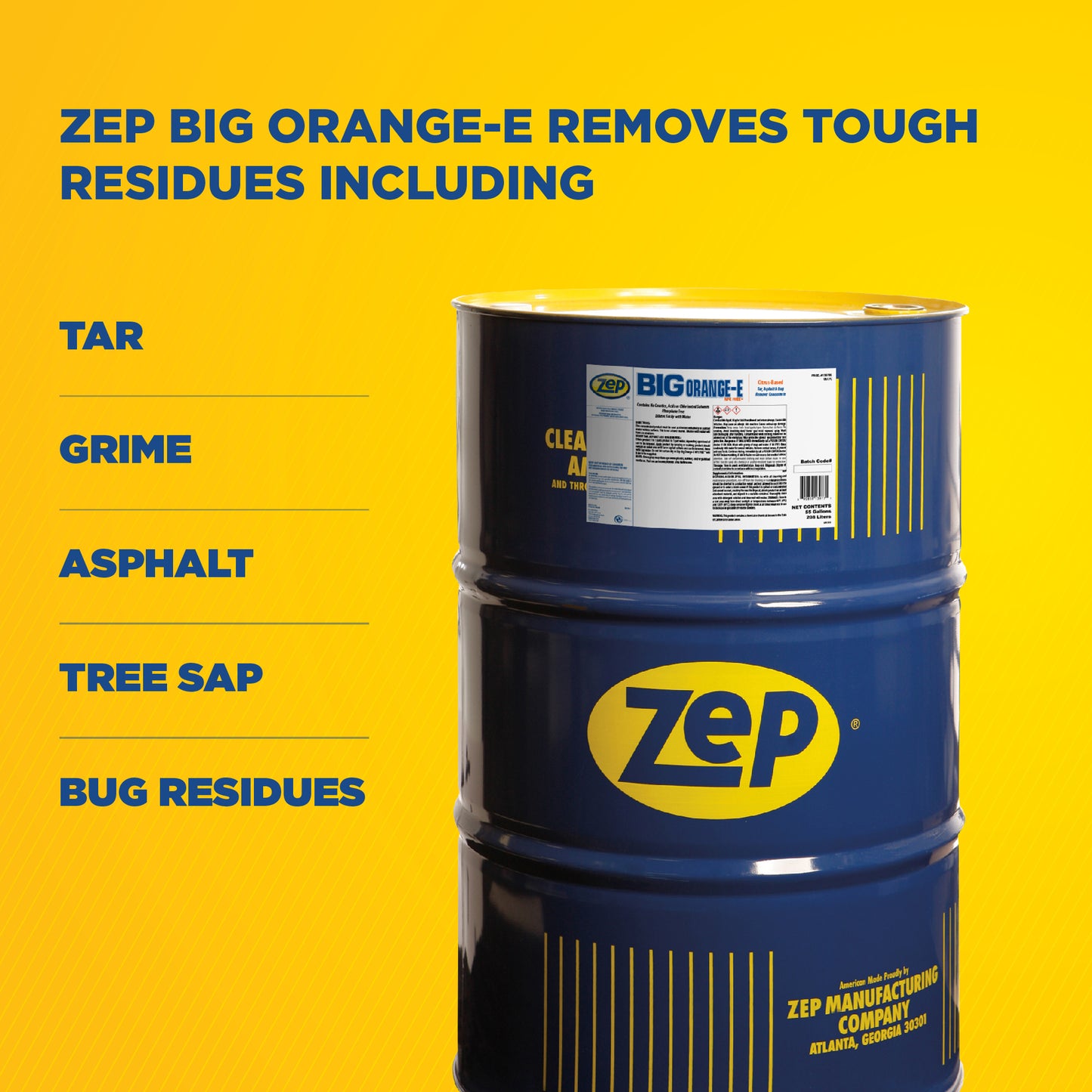 Zep Big Orange-E NPE Free Tar, Asphalt & Bug Remover Concentrate – Citrus Cleaner – 55 Gallon