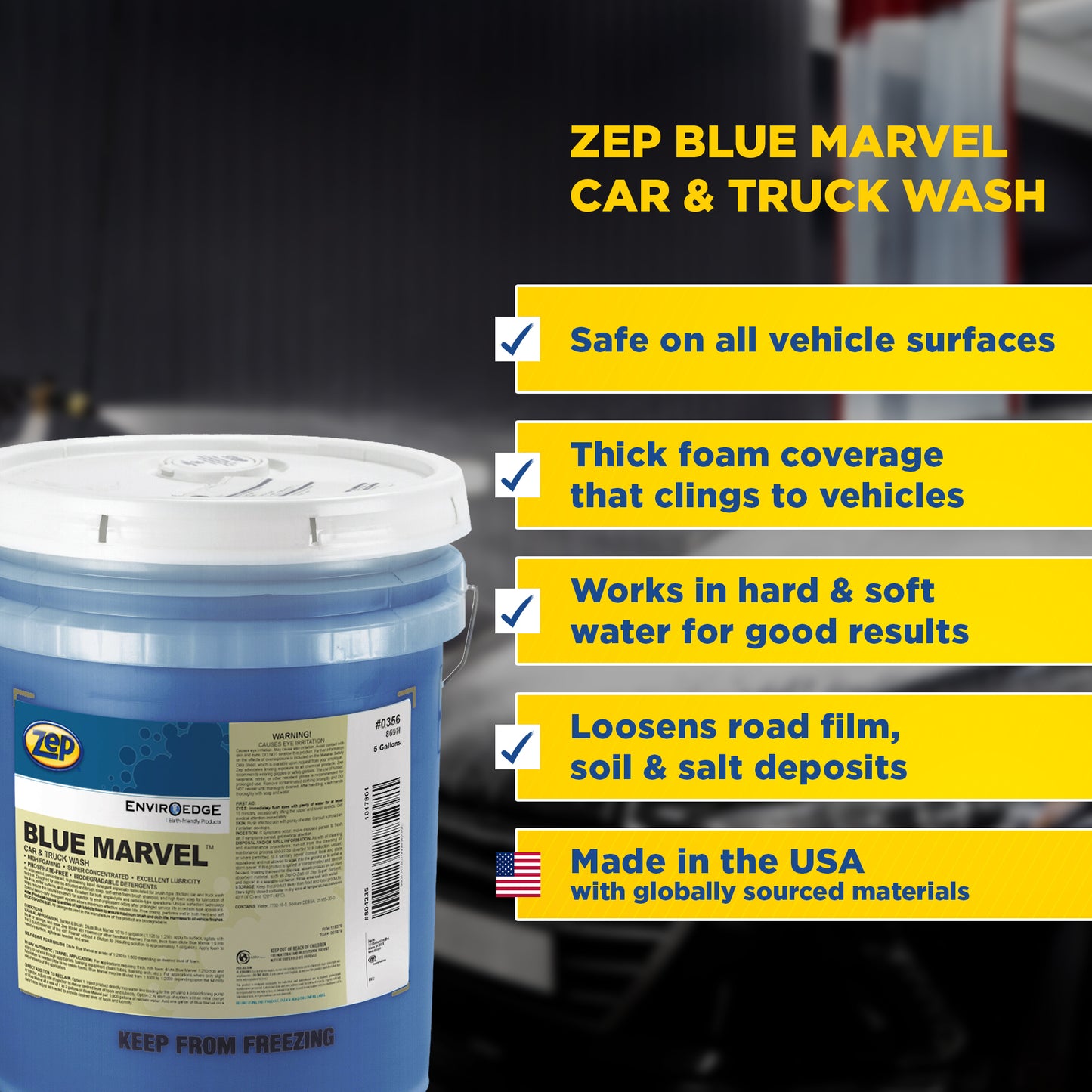 Zep Blue Marvel Car & Truck Wash – Removes Road Film, Winter Salt Deposits and Grime– 5 Gallon