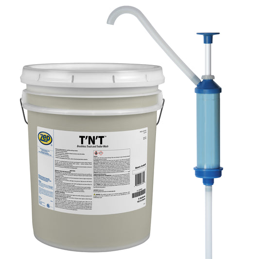 Zep T’N’T Brushless Truck and Trailer Wash – Removes Exhaust Deposits, Road Film, and Bug Residues – 5 Gallon with Zep Model 50 Polypropylene Piston Pump – Bundle