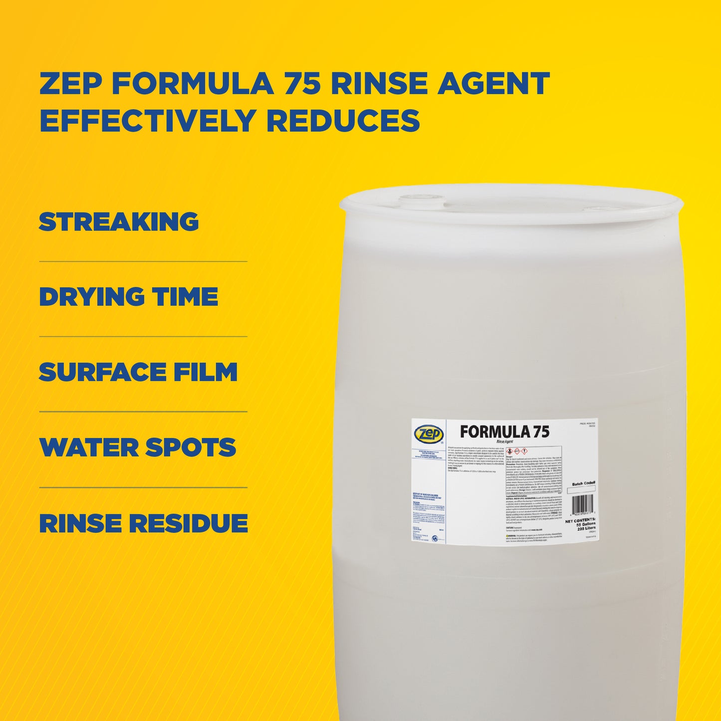 Zep Formula 75 Rinse Agent – Vehicle Wash Drying Agent - 55 Gallon