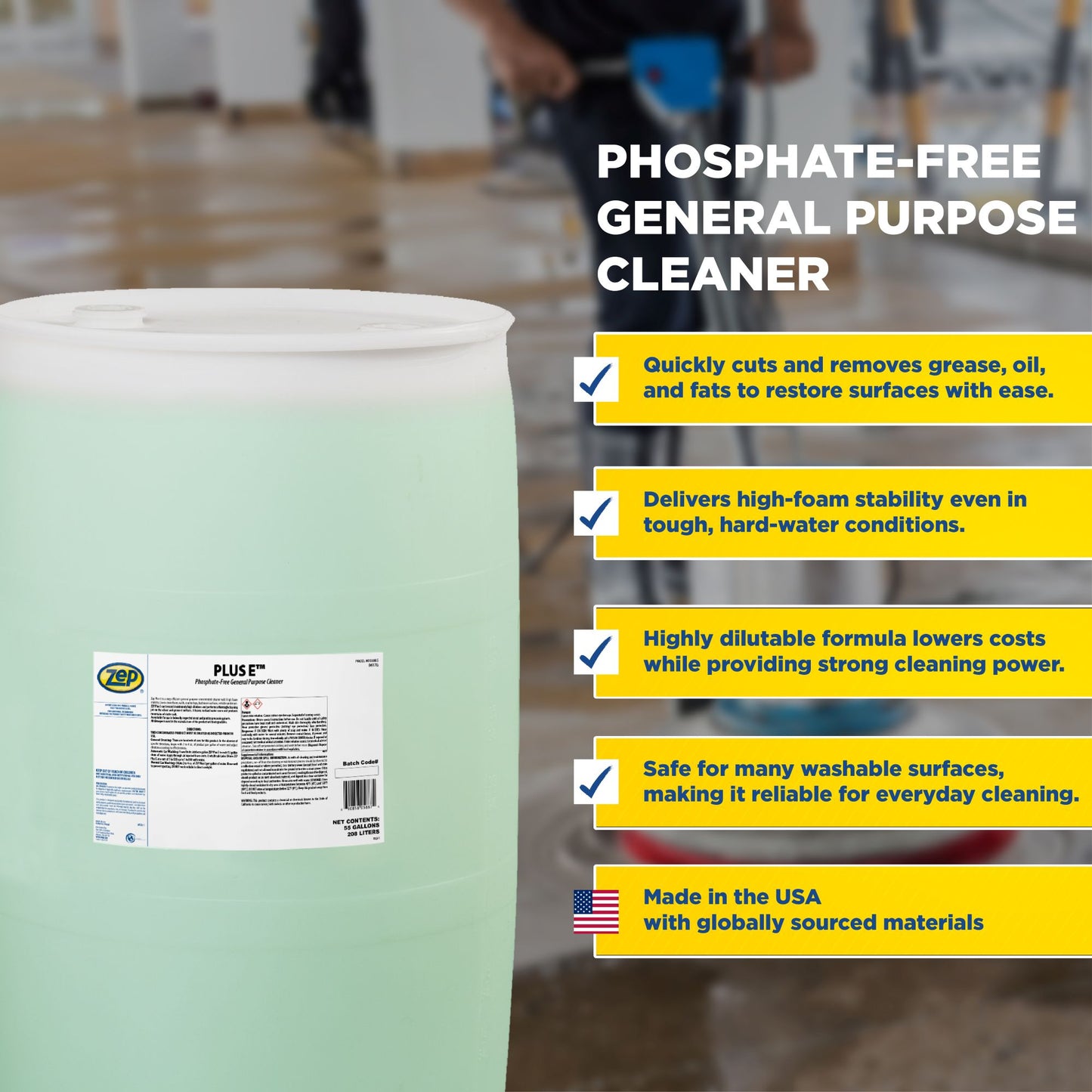 Zep Plus-E General-Purpose Cleaner – Multi-Surface Phosphate-Free Cleaner – 55 Gallon