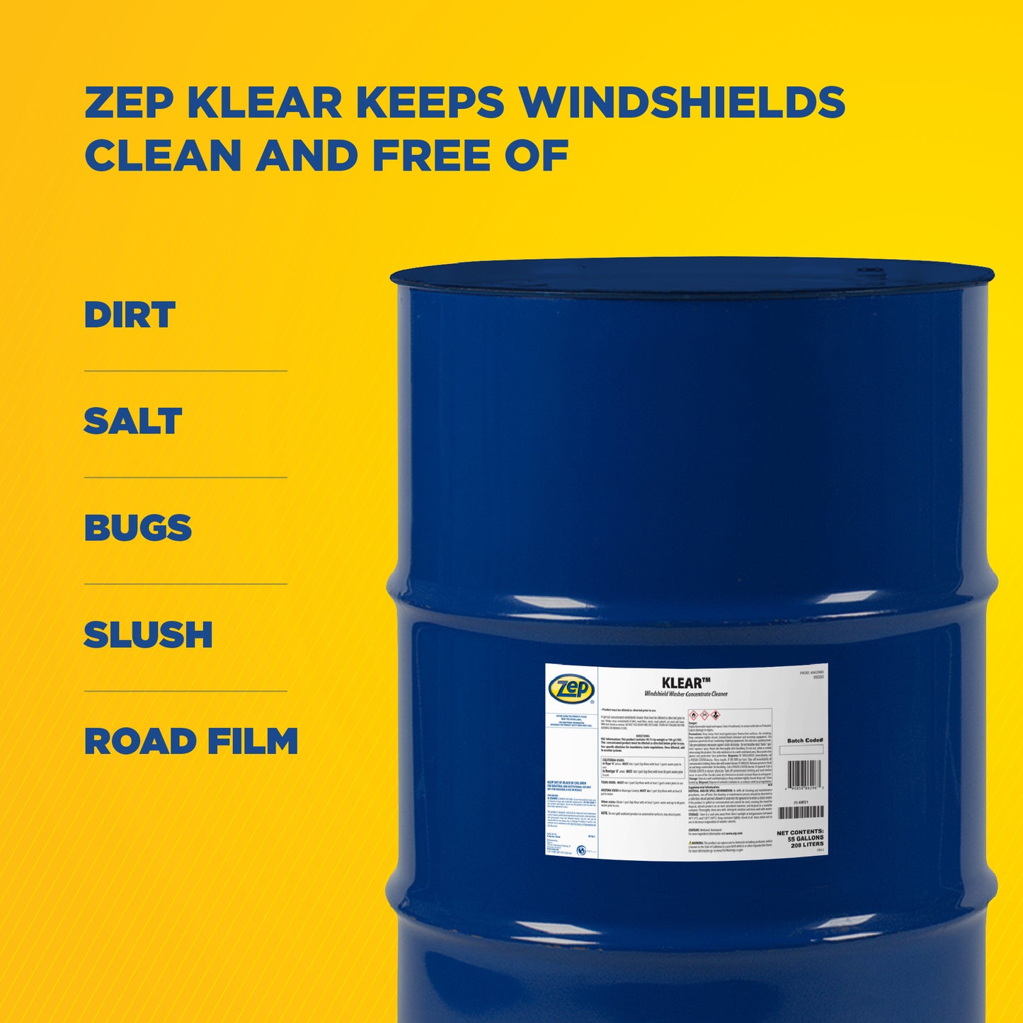 Zep Klear Windshield Washer Cleaner Concentrate – Industrial Windshield Washer Fluid – 55 Gallon