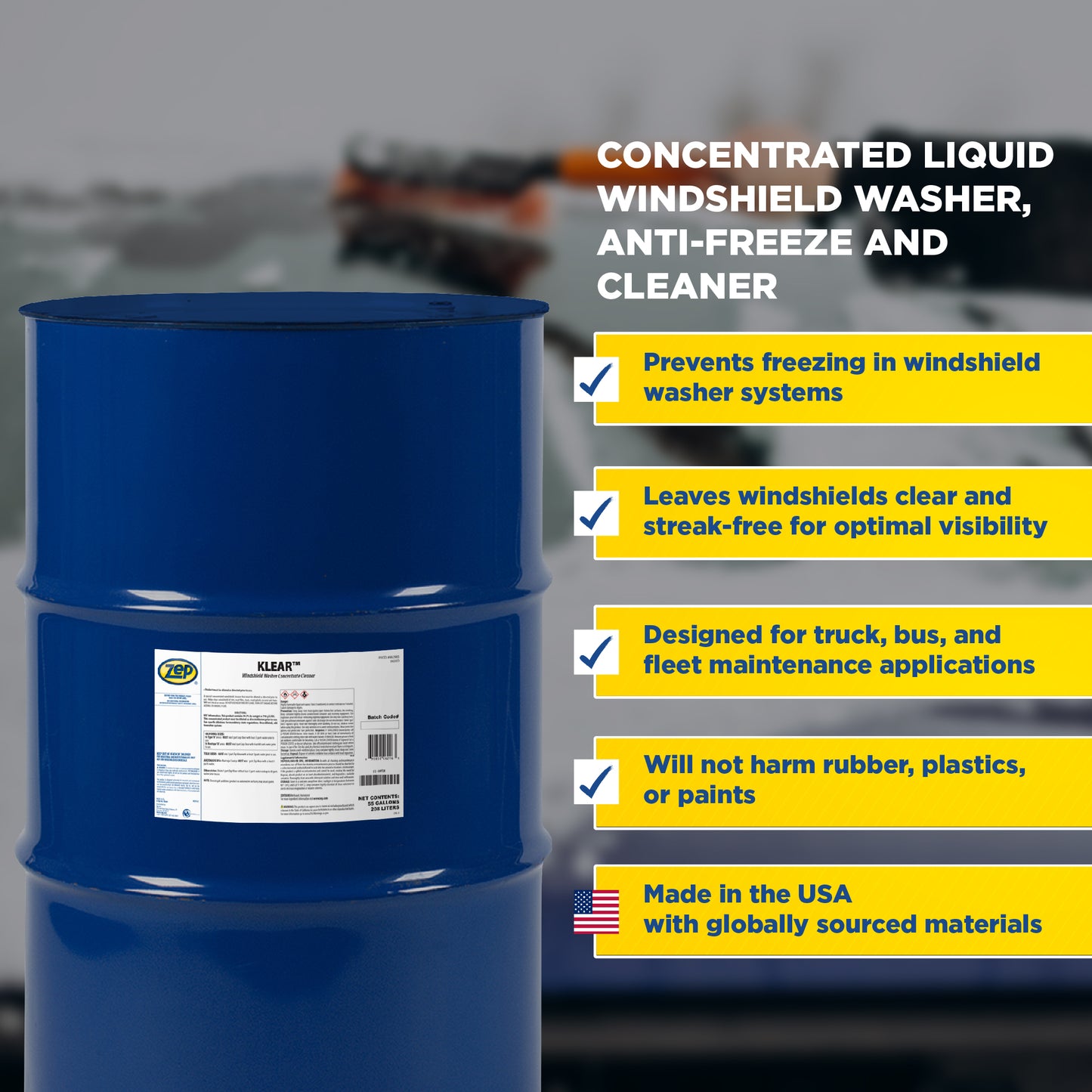 Zep Klear Windshield Washer Cleaner Concentrate – Industrial Windshield Washer Fluid – 55 Gallon