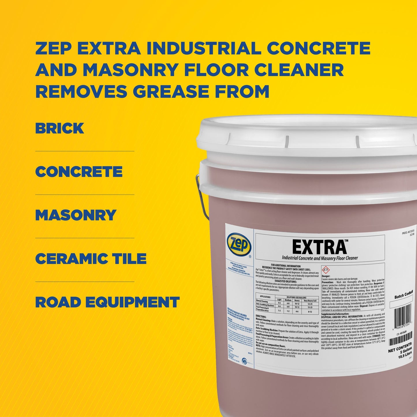 Zep Extra Industrial Concrete and Masonry Floor Cleaner – Fast Acting Floor Degreaser – 5 Gallon