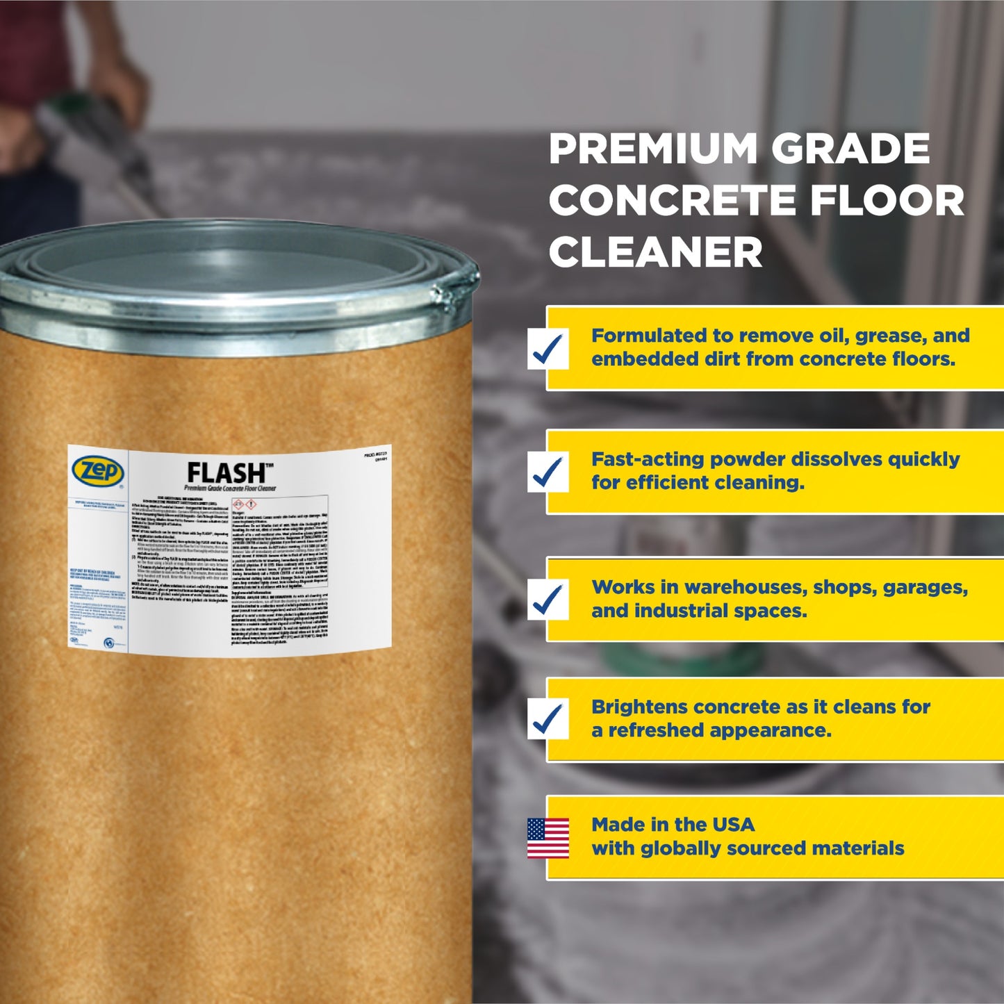 Zep Flash Premium Grade Concrete Floor Cleaner – Removes Heavy Grease and Oils – 125 Pounds