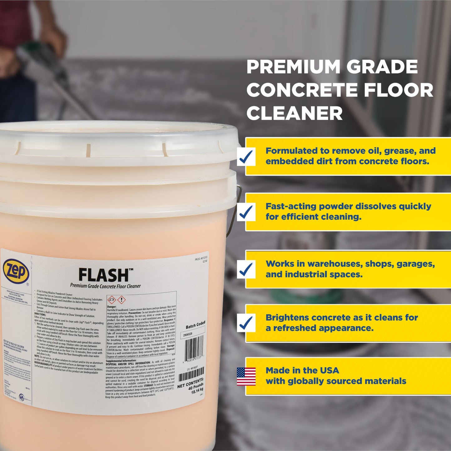 Zep Flash Premium Grade Concrete Floor Cleaner – Removes Heavy Grease and Oils – 40 Pounds
