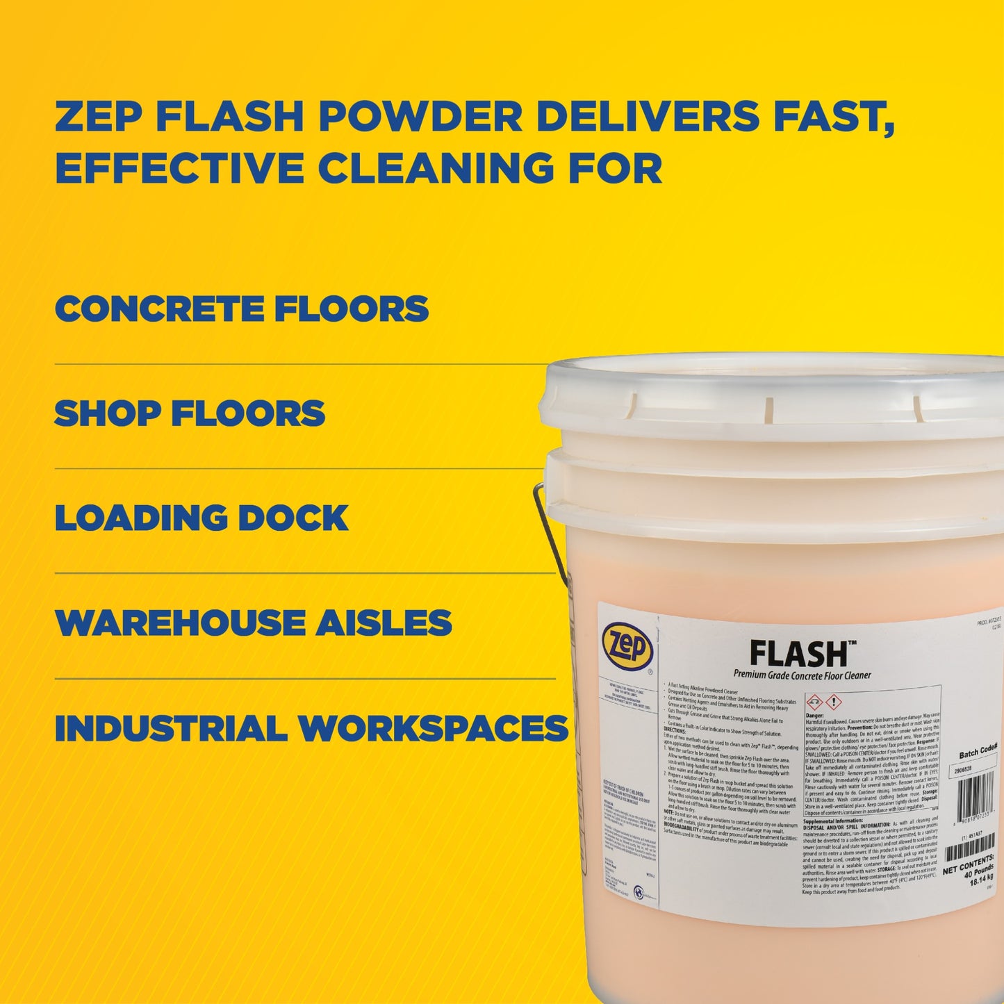 Zep Flash Premium Grade Concrete Floor Cleaner – Removes Heavy Grease and Oils – 40 Pounds