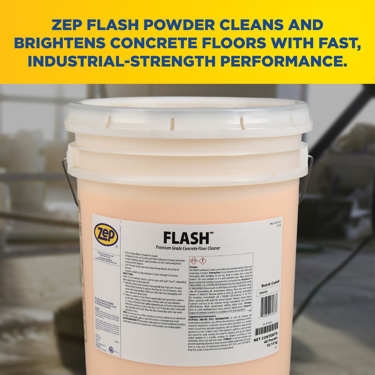 Zep Flash Premium Grade Concrete Floor Cleaner – Removes Heavy Grease and Oils – 40 Pounds