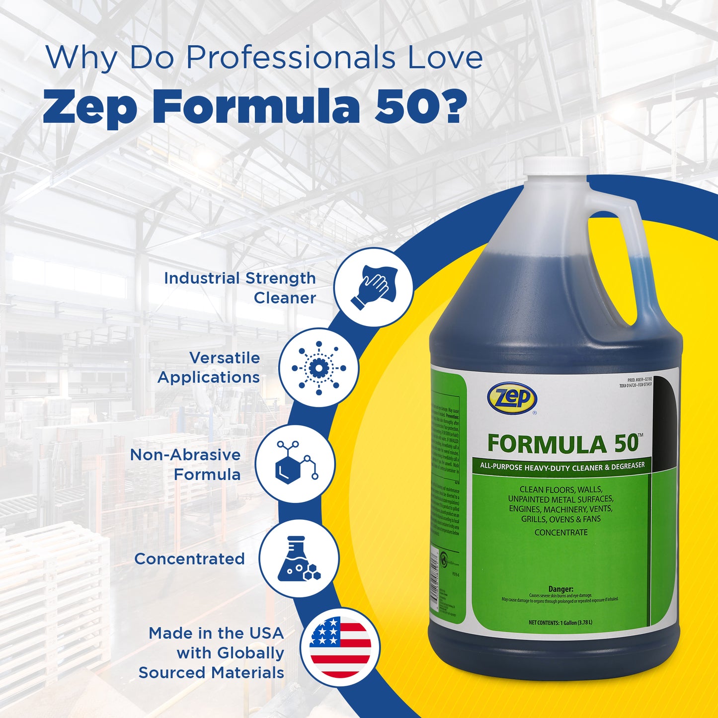 Zep Formula 50 Heavy-Duty Cleaner & Degreaser Concentrate – Industrial Strength Degreaser – 1 Gallon