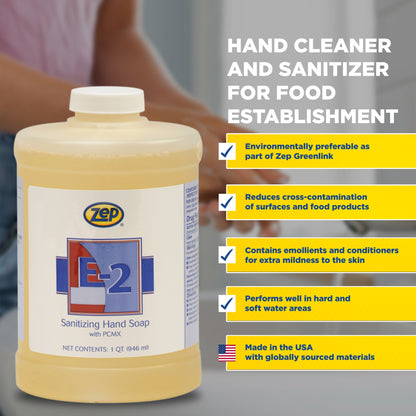 Zep E-2 Hand Soap - Hand Cleaner and Sanitizer for Food Establishments - 1 qt