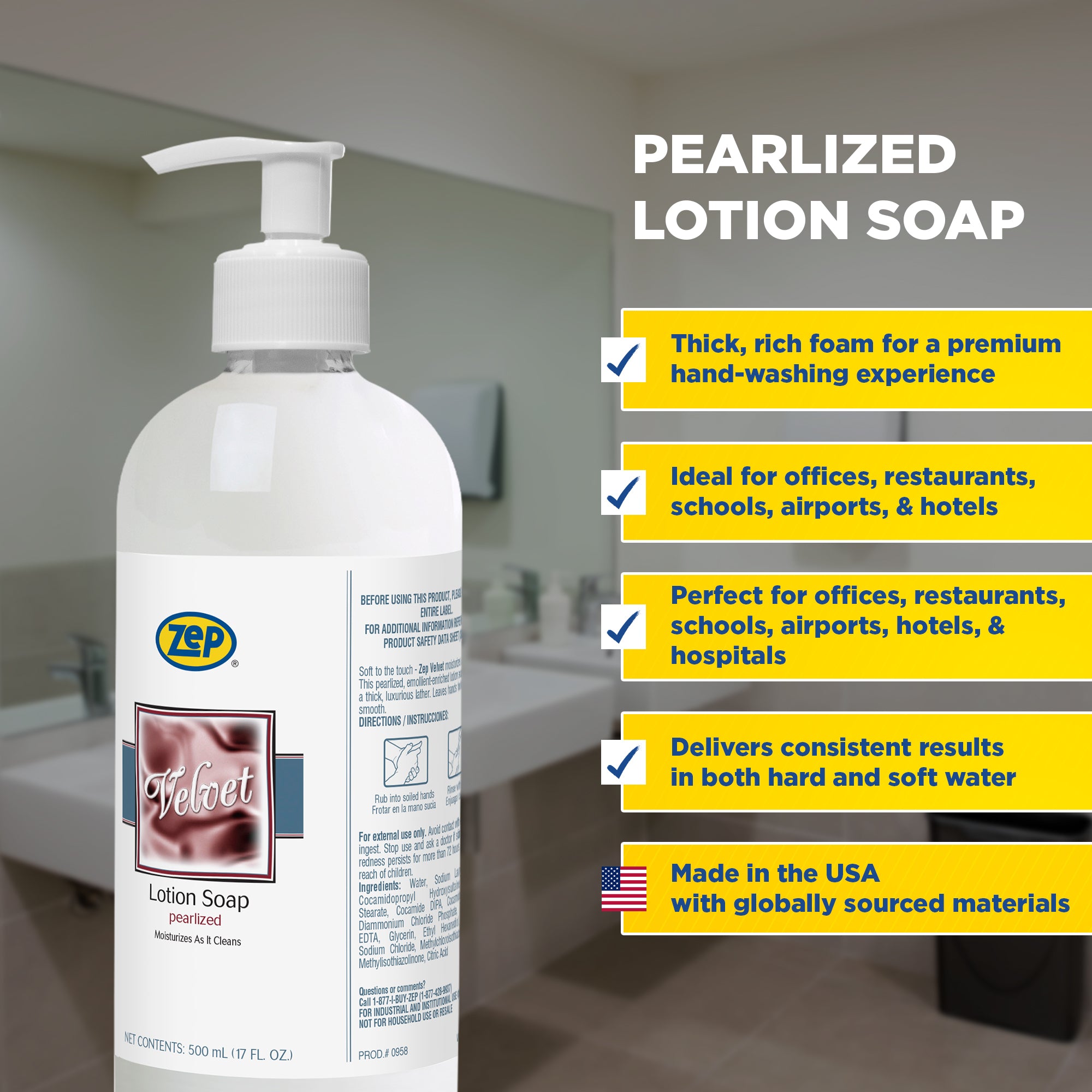 Zep Velvet Pearlized Lotion Soap – Moisturizes as it Cleans – 500