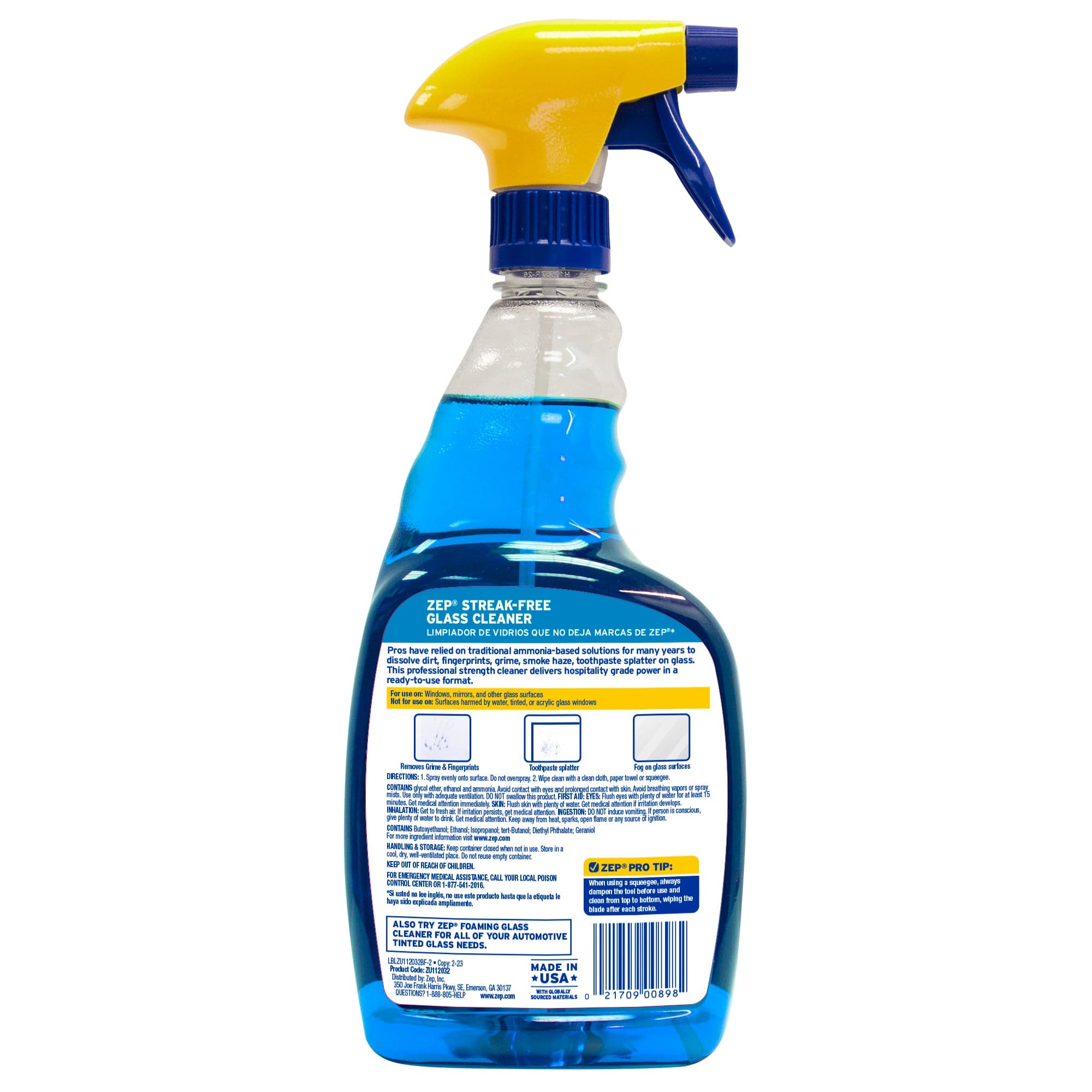 Zep Commercial Streak-Free Glass Cleaner - Spray - 0.25 gal (32 fl oz) - 12 / Carton - Blue