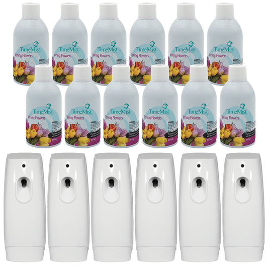 TimeMist Premium Metered Air Freshener Refills, Spring Flowers (Case of 12) with TimeMist Metered Aerosol Fragrance Dispenser Bundle
