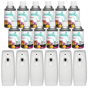 TimeMist Premium Metered Air Freshener Refills, Spring Flowers (Case of 12) with TimeMist Metered Aerosol Fragrance Dispenser Bundle