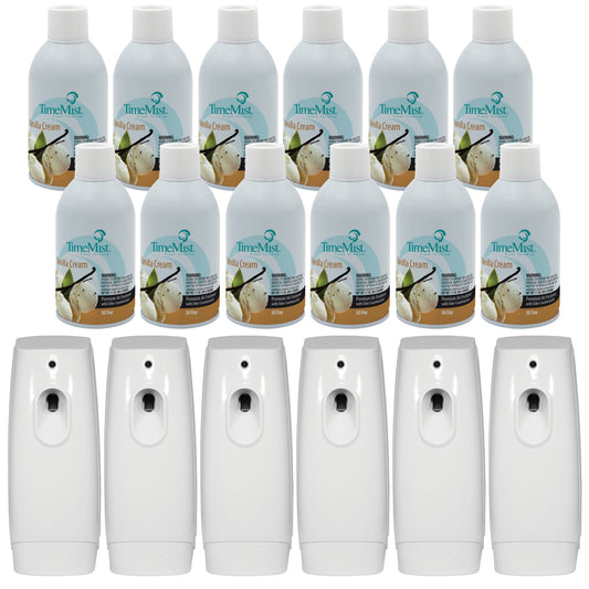 TimeMist Premium Metered Air Freshener Refills, Vanilla Cream (Case of 12) with TimeMist Metered Aerosol Fragrance Dispenser (Case of 6) Bundle