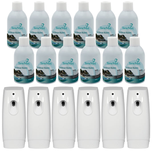 TimeMist Premium Metered Air Freshener Refills - Caribbean Waters (Case of 12) with TimeMist Metered Aerosol Fragrance Dispenser Bundle