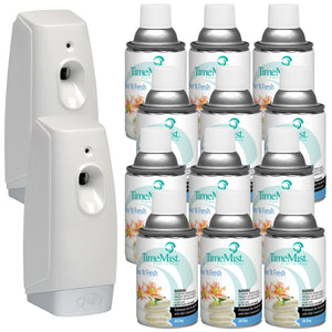 TimeMist Premium Metered Air Freshener Refills, Clean & Fresh (Case of 12) with Meter Mist 3000 Ultra Dispenser (2 Pack) Bundle