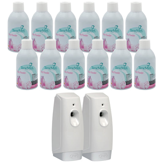 TimeMist Premium Metered Air Freshener Refills, Baby Powder (Case of 12) with Meter Mist 3000 Ultra Dispenser (2 Pack) Bundle