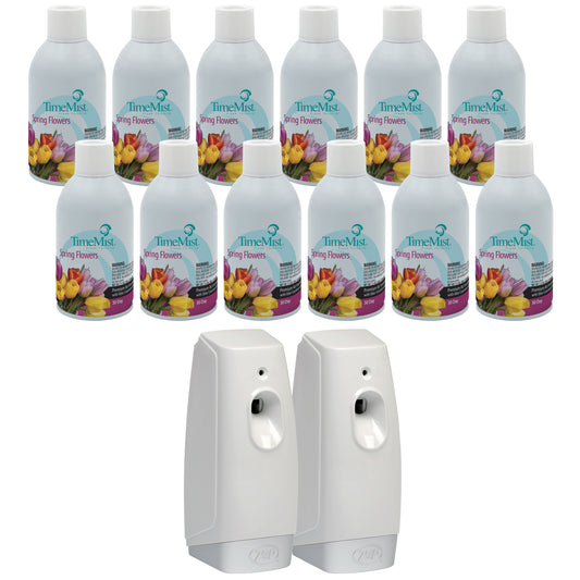 TimeMist Premium Metered Air Freshener Refills, Spring Flowers (Case of 12) with Meter Mist 3000 Ultra Dispenser (2 Pack) Bundle