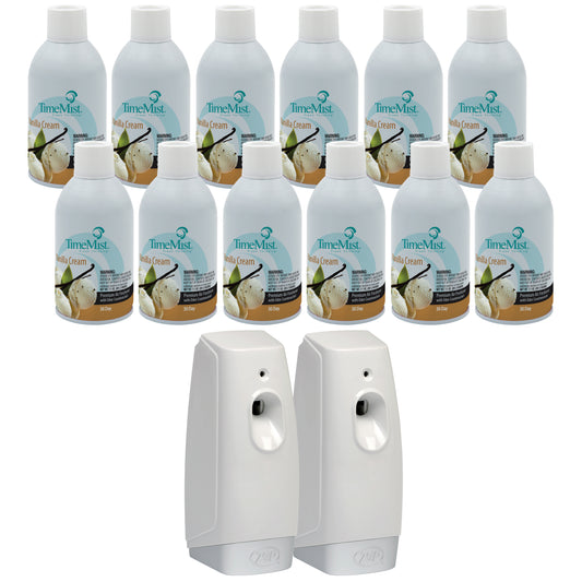 TimeMist Premium Metered Air Freshener Refills, Vanilla Cream (Case of 12) with Meter Mist 3000 Ultra Dispenser (2 Pack) Bundle