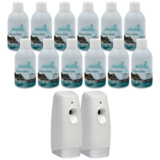TimeMist Premium Metered Air Freshener Refills - Caribbean Waters (Case of 12) with Meter Mist 3000 Ultra Dispenser (2 Pack) Bundle
