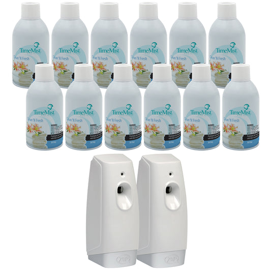 TimeMist Premium Metered Air Freshener Refills, Clean & Fresh (Case of 12) with Meter Mist 3000 Ultra Dispenser (2 Pack) Bundle