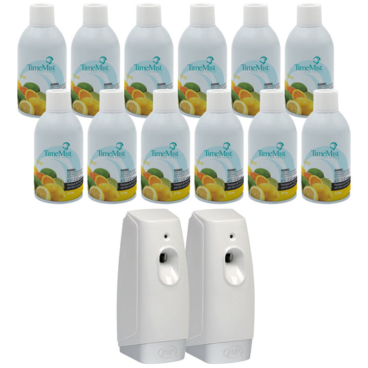 TimeMist Premium Metered Air Freshener Refills, Citrus (Case of 12) with Meter Mist 3000 Ultra Dispenser (2 Pack) Bundle