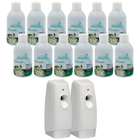 TimeMist Premium Metered Air Freshener Refills, Country Garden (Case of 12) with Meter Mist 3000 Ultra Dispenser (2 Pack) Bundle