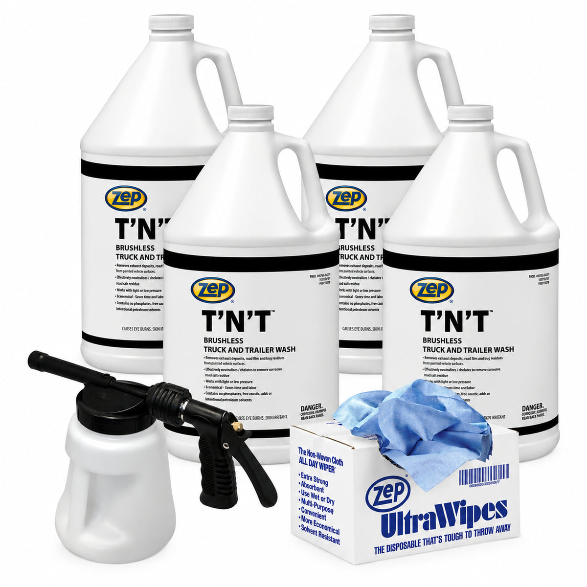 Zep T'N'T Truck & Trailer Wash 4 Gallons + Model 481 Hydro Foamer + Ultra Wipes Bundle — Complete Fleet Wash & Detail System